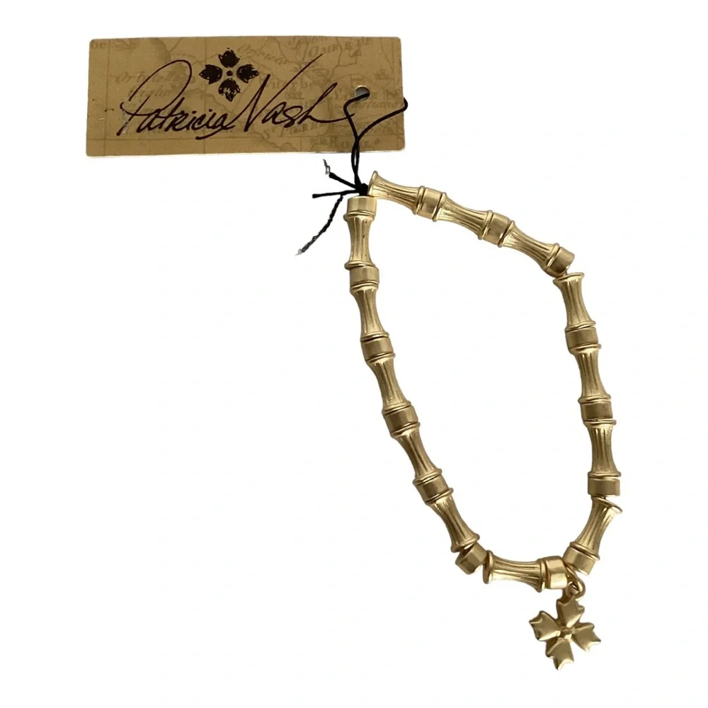 Patricia Nash Egyptian Gold Tone Bamboo Link Stretch Bracelet - Picture 2 of 10